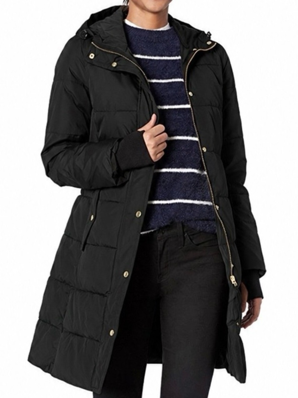 J.Crew Mercantile Long Length Black Puffer Coat with Gold Details